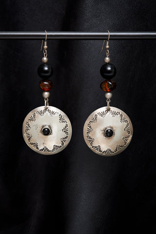 BLACK AND AMBER WITH VINTAGE STERLING SILVER ONYX CONCHO EARRINGS