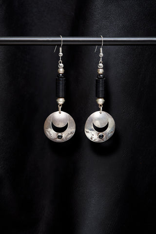 JET AND VINTAGE STERLING SILVER ONYX CONCHO EARRINGS