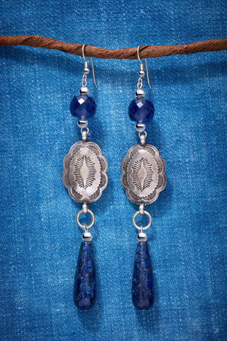 LAPIS AND VINTAGE STERLING SILVER CONCHO EARRINGS