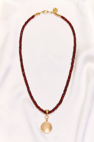RED GARNET NECKLACE WITH 14K GOLD CONCAVE CIRCLE PENDANT