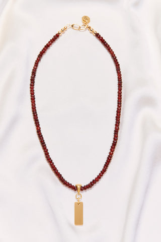 RED GARNET NECKLACE WITH 14K GOLD RECTANGLE PENDANT