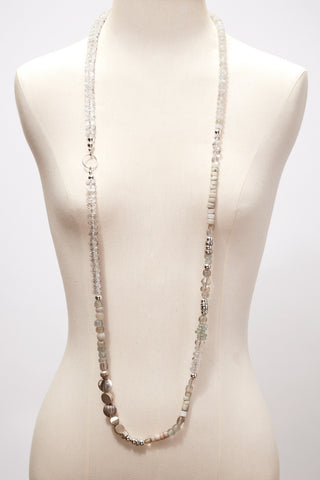 LONG CRYSTAL QUARTZ AND MOONSTONE STERLING SILVER GEOMETRIC NECKLACE