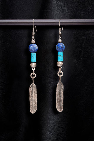 LAPIS AND TURQUOISE WITH STERLING SILVER FEATHER EARRINGS