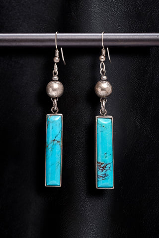 OXIDIZED STERLING SILVER BEAD WITH VINTAGE STERLING SILVER AND TURQUOISE RECTANGLE EARRINGS
