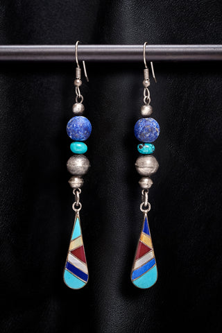 LAPIS AND TURQUOISE WITH VINTAGE STERLING SILVER INLAY PEAR DROP EARRINGS