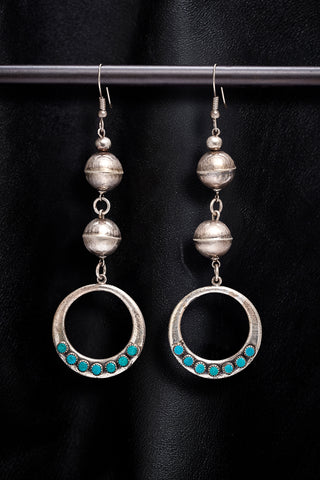 DOUBLE OXIDIZED STERLING SILVER  BEAD WITH VINTAGE STERLING SILVER AND TURQUOISE HOOP EARRINGS