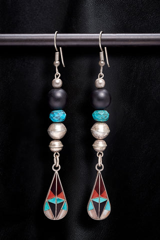 BLACK ONYX AND TURQUOISE WITH VINTAGE STERLING SILVER INLAY EARRINGS