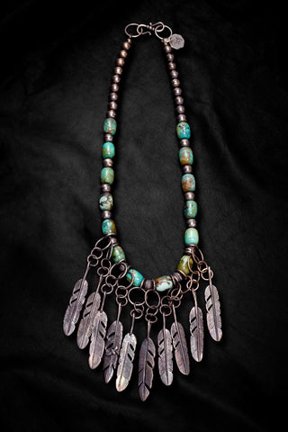 BLUE-GREEN TURQUOISE AND OXIDIZED STERLING SILVER FEATHER NECKLACE