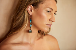 LAYERED TURQUOISE AND OXIDIZED STERLING SILVER CONCHO EARRINGS