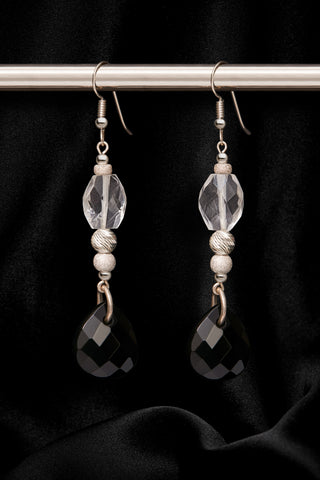 CRYSTAL QUARTZ AND BLACK ONYX EVENING GLAMOUR EARRINGS